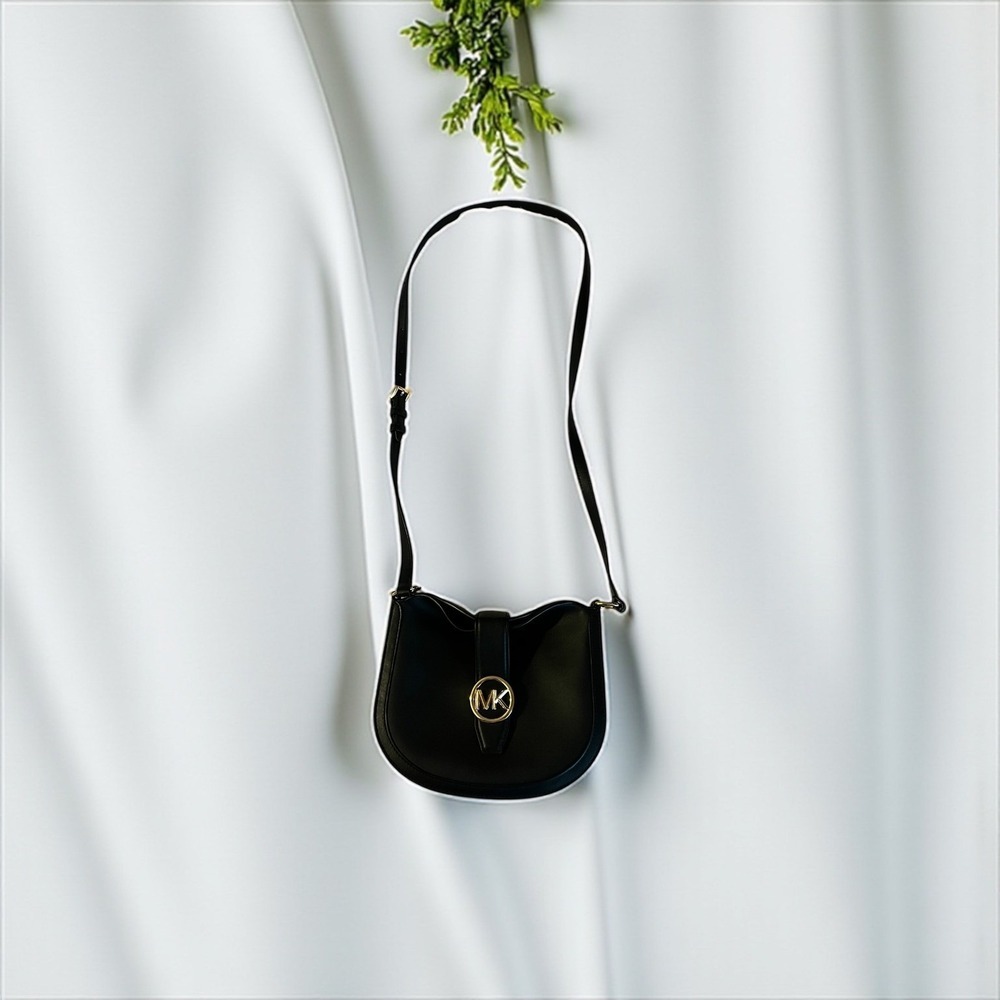 Michael Kors Gabby Small Hobo Crossbody Bag Black MK Logo Gold Hardware Purse‎